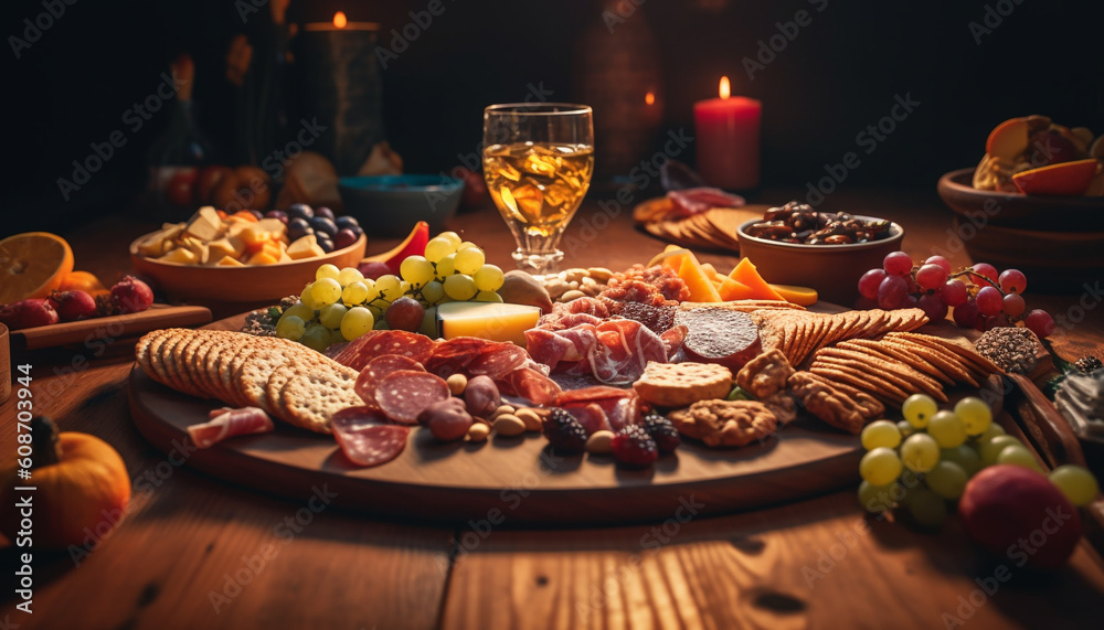 A rustic picnic celebration with gourmet meat and wine variations generated by AI