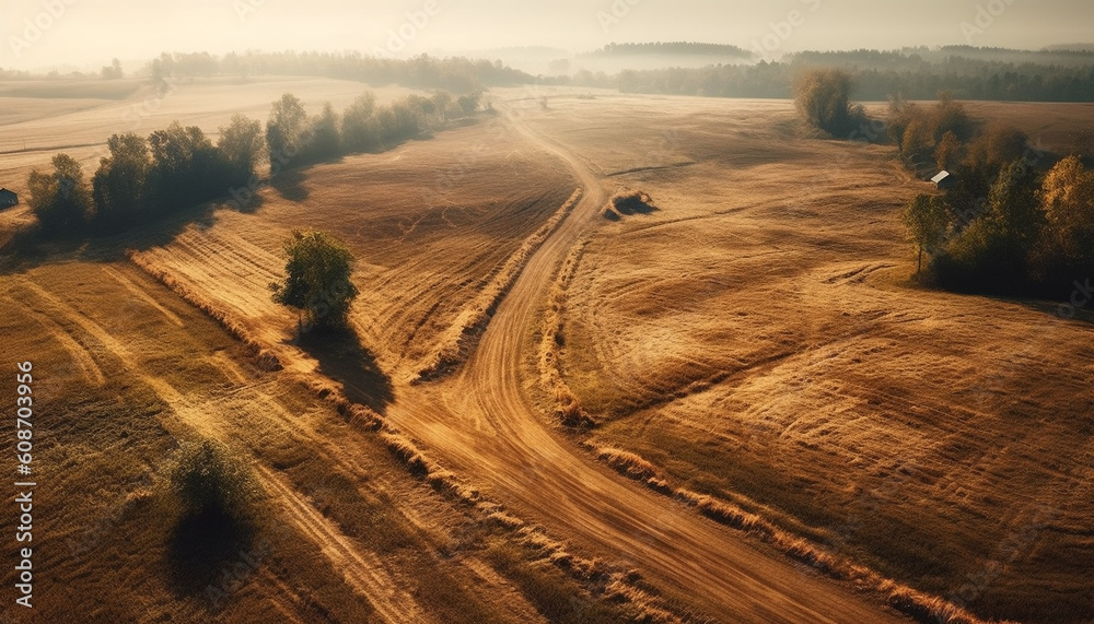 Driving down dirt road, surrounded by wheat fields and beauty generated by AI