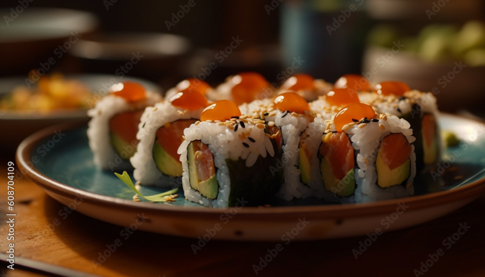 Fresh seafood meal on plate, selective focus on maki sushi generated by AI