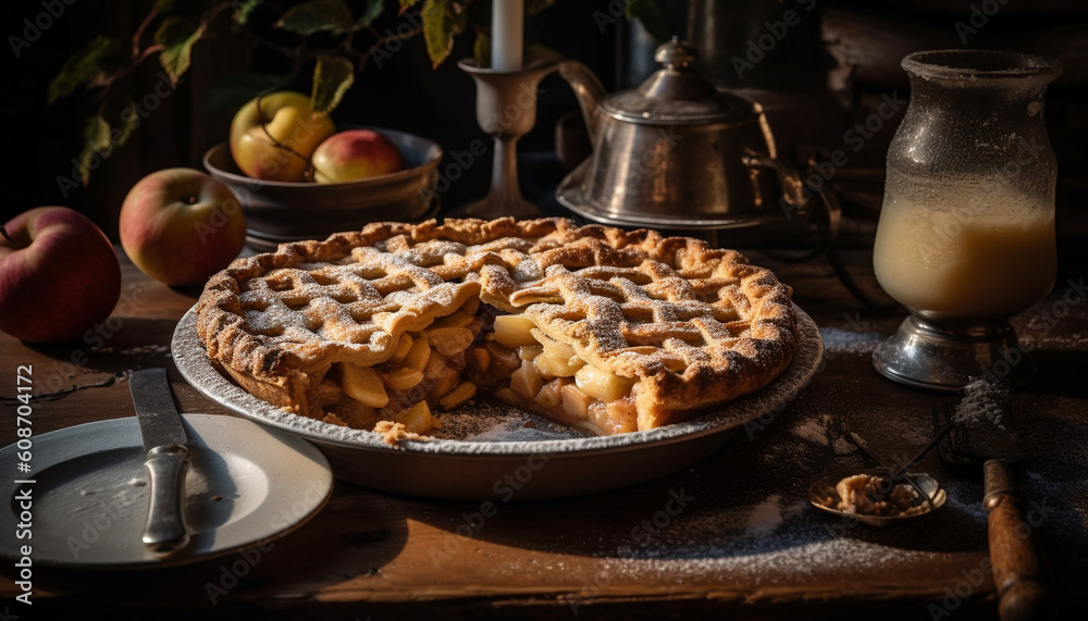 Freshly baked apple pie on rustic wood table, ready to eat indulgence generated by AI