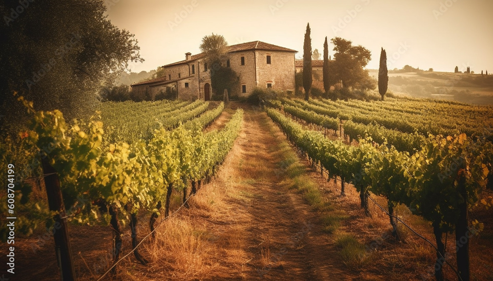 Rows of grape vines bask in sunlight, producing Chianti wine generated by AI