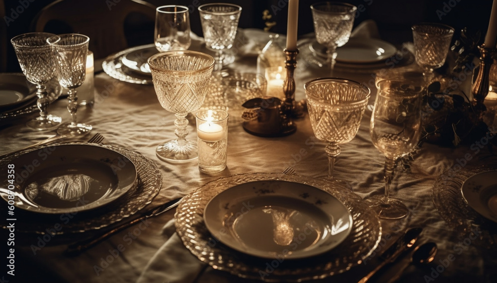 An ornate banquet table with silverware, crystal, and candlelight elegance generated by AI