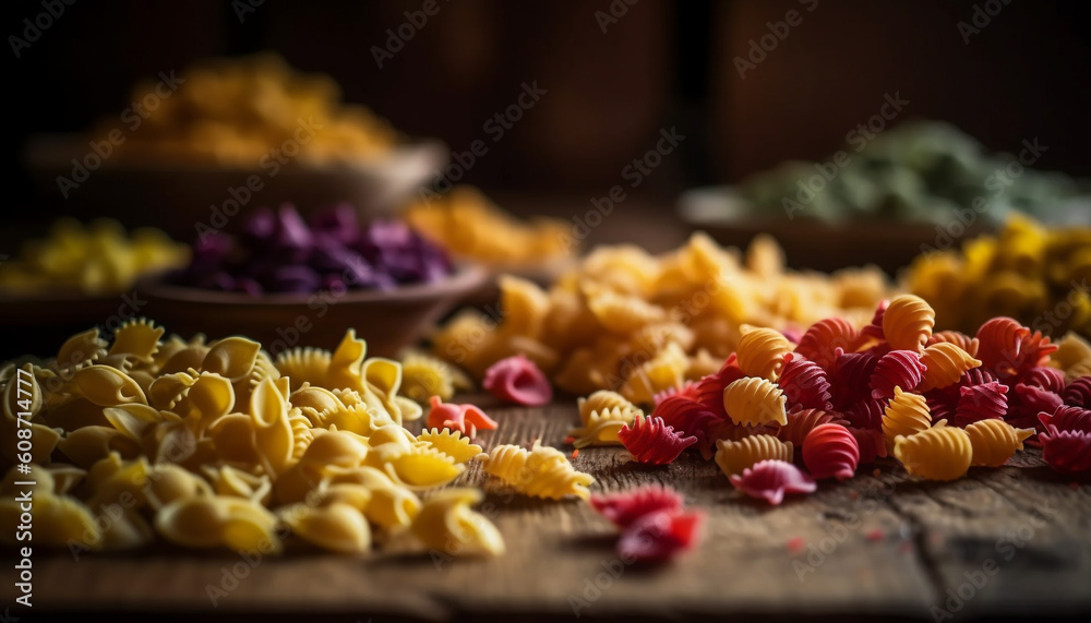 Healthy eating with a variety of organic pasta shapes and colors generated by AI