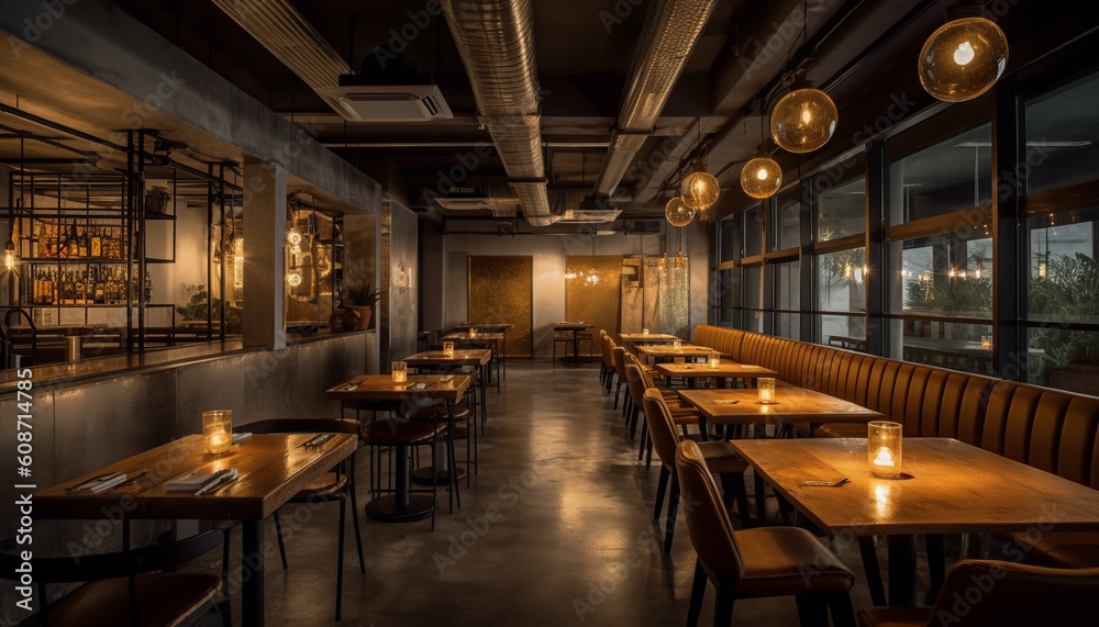 A modern pub with luxurious wooden chairs and dim lighting generated by AI