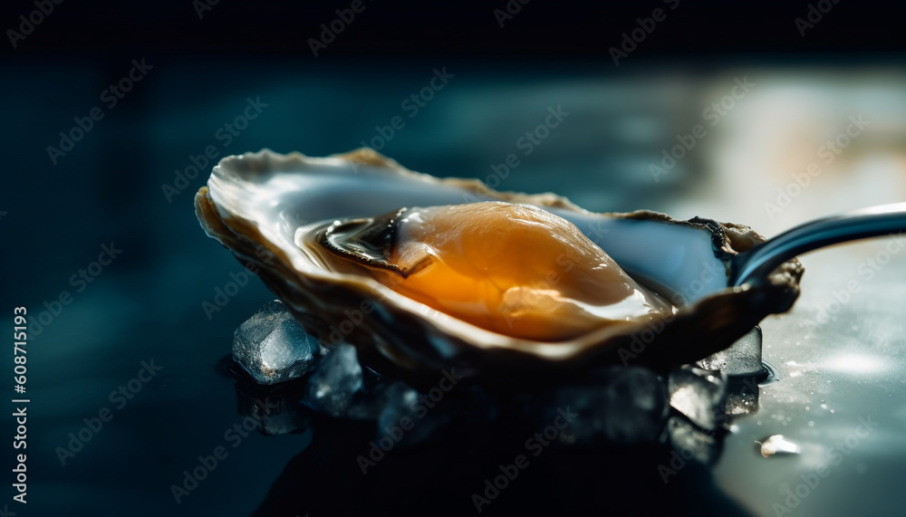 A gourmet seafood plate with cooked scallops, mussels, and oysters generated by AI