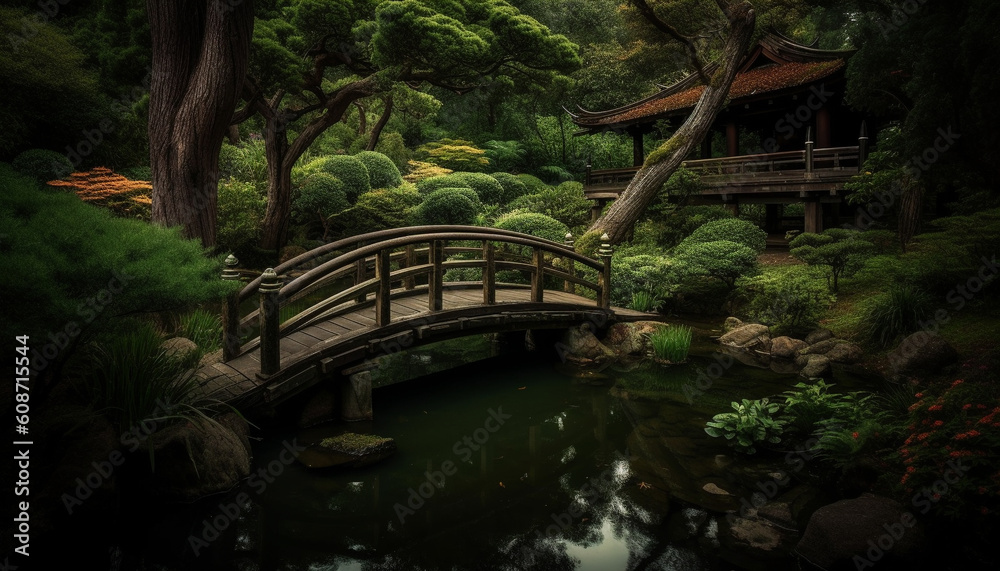 A tranquil scene of a Japanese garden with a lantern generated by AI