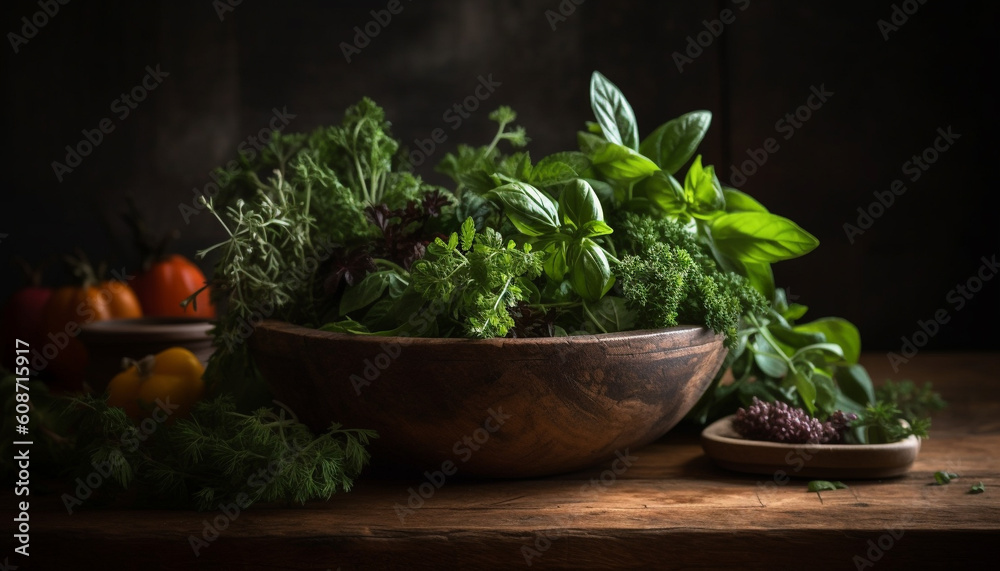 Rustic bowl of fresh organic salad with garlic and tomato generated by AI