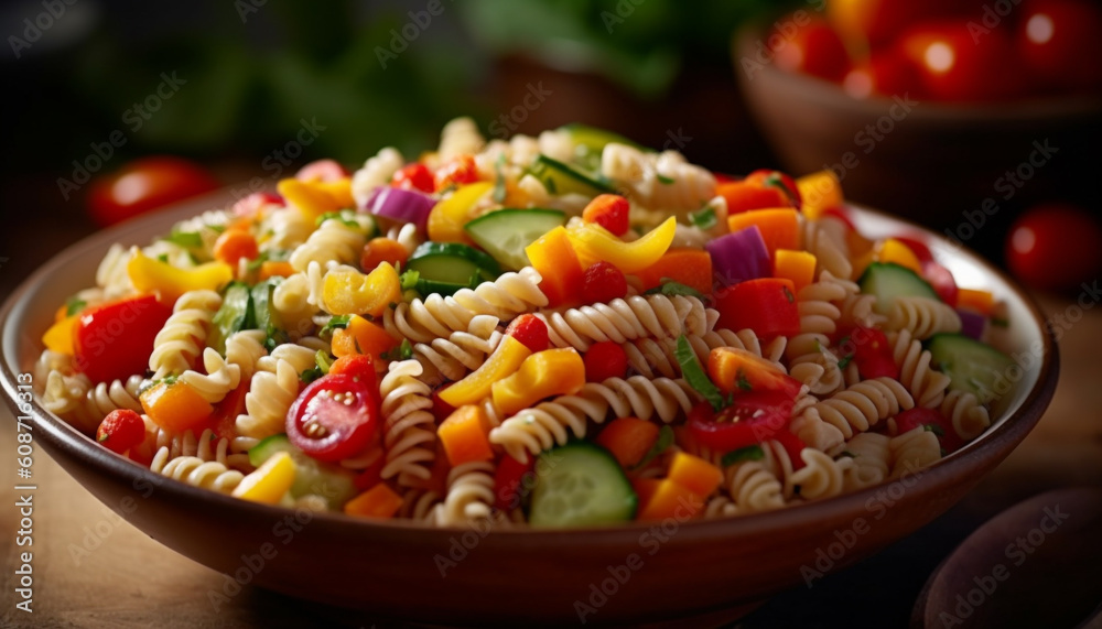 Healthy vegetarian pasta salad with fresh organic ingredients and multi color veggies generated by A