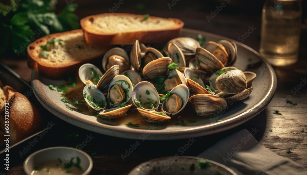 A gourmet seafood meal with fresh mussels and crustaceans generated by AI