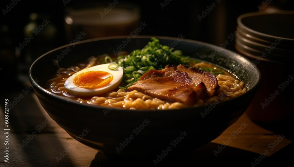 Freshly cooked pork ramen soup with vegetables and chopsticks generated by AI