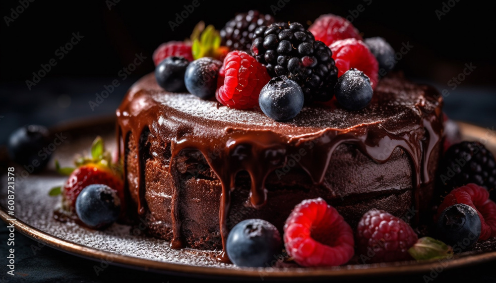 Indulgent homemade chocolate berry cheesecake with fresh raspberry sauce topping generated by AI