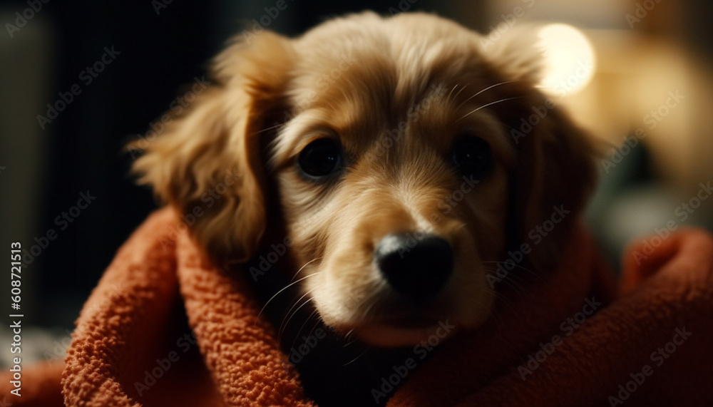 A cute, purebred puppy with fluffy fur sits comfortably indoors generated by AI