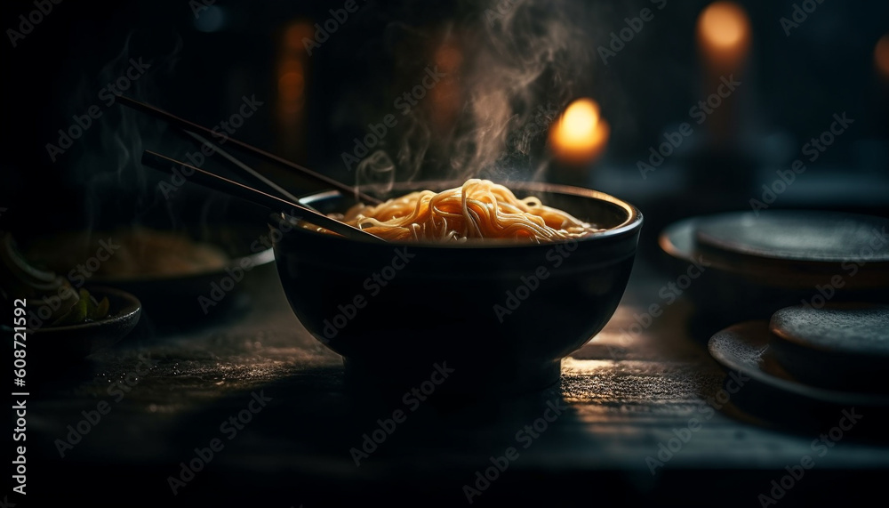 A gourmet Chinese soup meal, cooked with fresh ingredients, glowing generated by AI