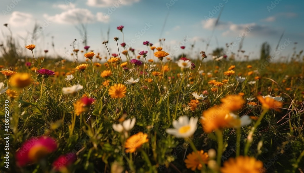 Vibrant wildflowers bloom in tranquil meadow at sunrise, untouched beauty generated by AI