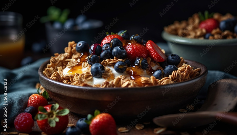 A gourmet bowl of fresh, organic granola with blueberries and almonds generated by AI