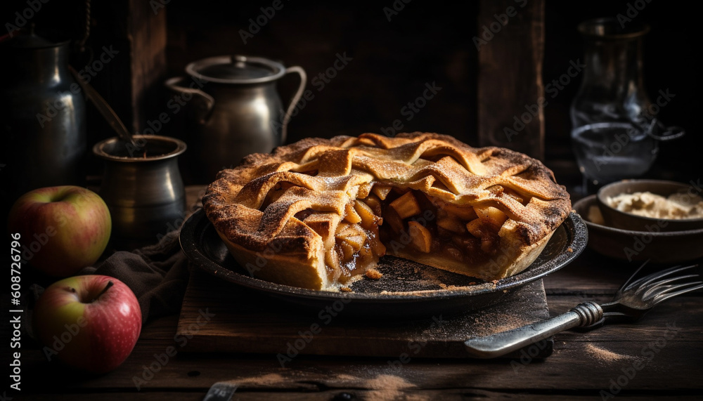 Freshly baked apple pie on rustic wooden plate, a sweet indulgence generated by AI