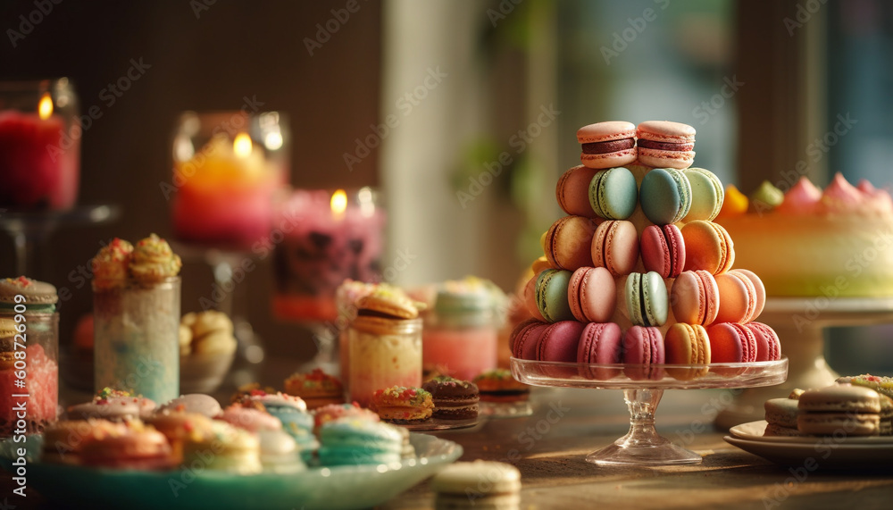 A gourmet French macaroon stack, a sweet indulgence for celebrations generated by AI