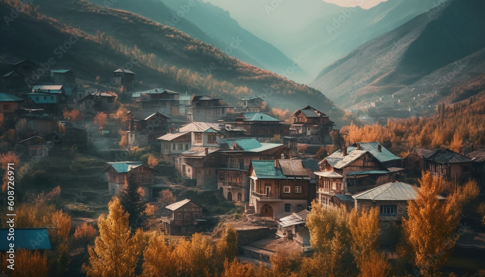 High angle view of mountain range in tranquil autumn landscape generated by AI