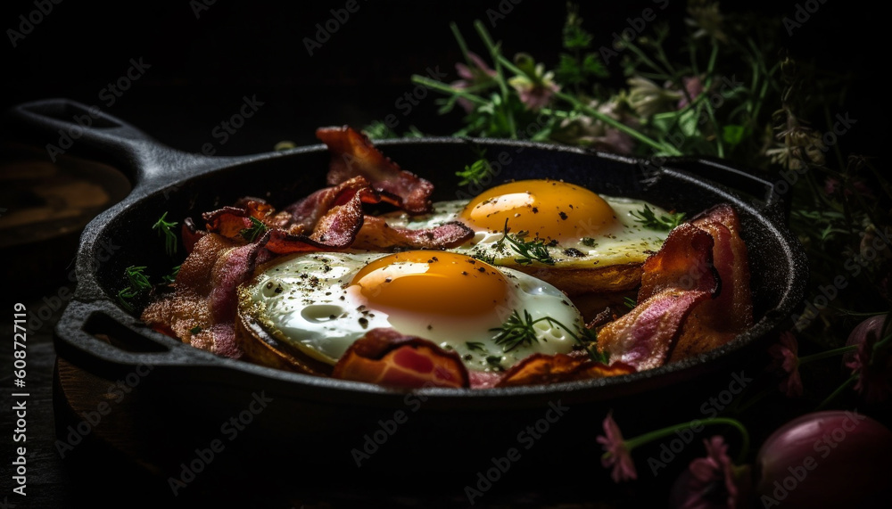 Rustic gourmet meal: Grilled pork, fried egg, and fresh vegetables generated by AI