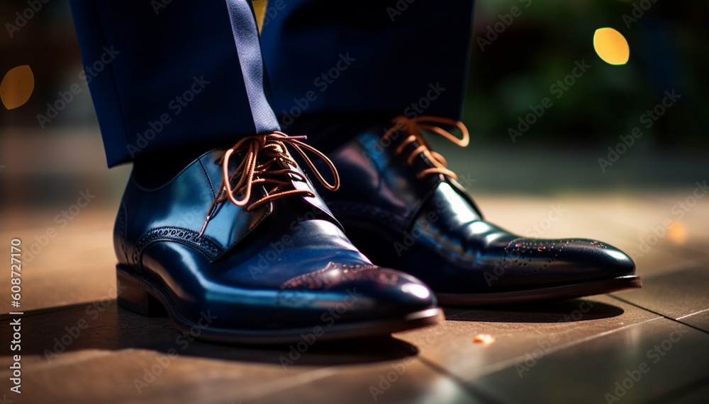 A shiny leather pair of men shoes walking generated by AI