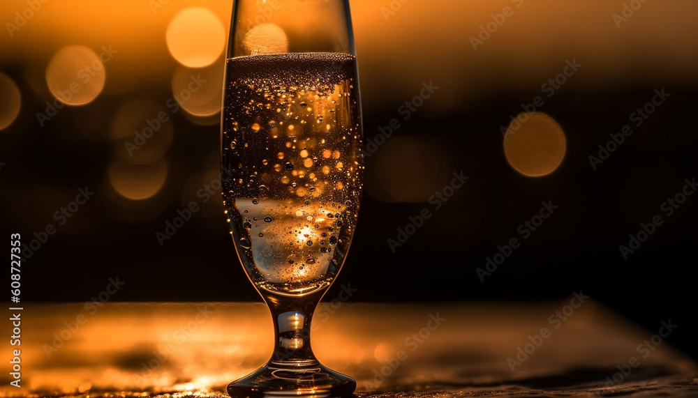 A luxurious champagne cup on a wooden table at night generated by AI