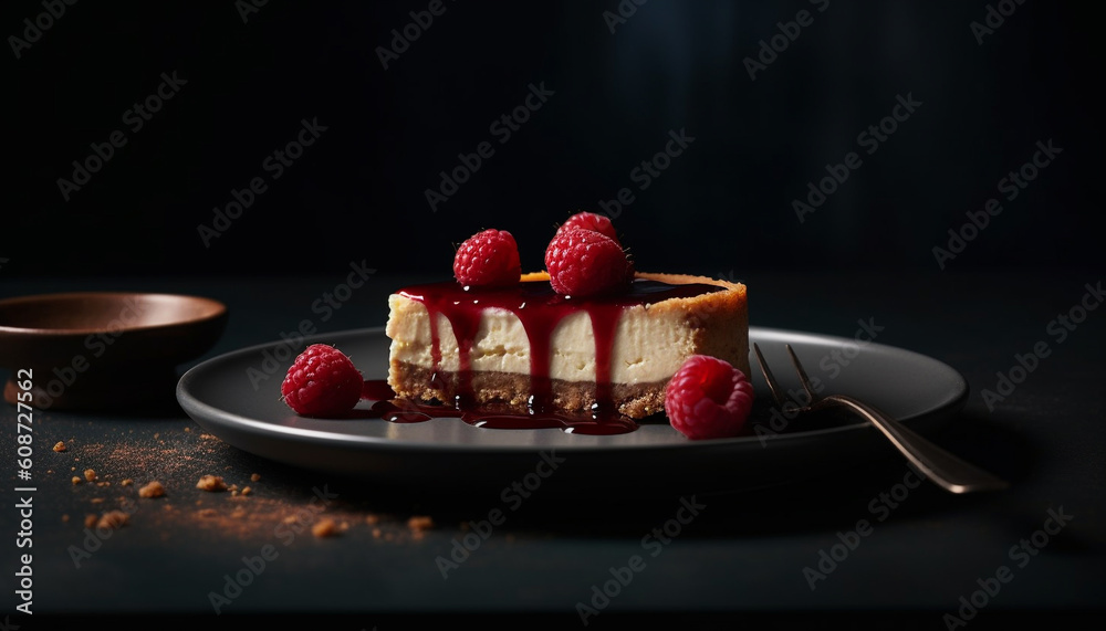 A gourmet cheesecake slice with raspberry and blueberry decoration generated by AI