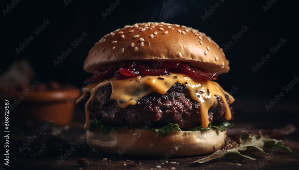 Grilled gourmet cheeseburger with tomato, onion, and French fries generated by AI