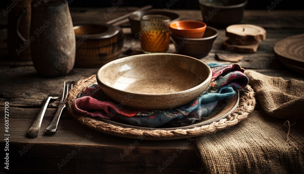 Rustic earthenware bowl holds homemade food in old fashioned kitchen generated by AI