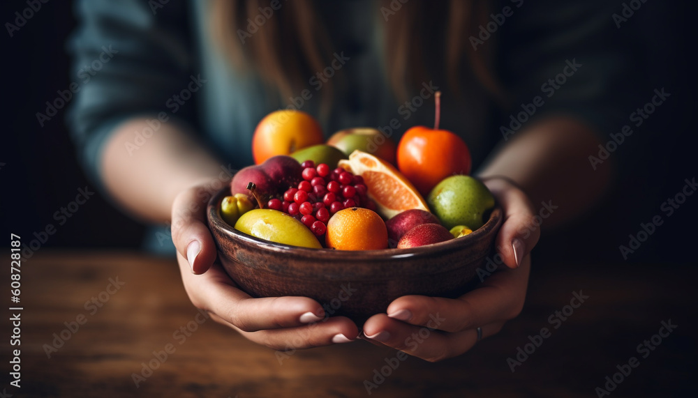 A bowl of fresh organic vegetarian food, held by a woman generated by AI