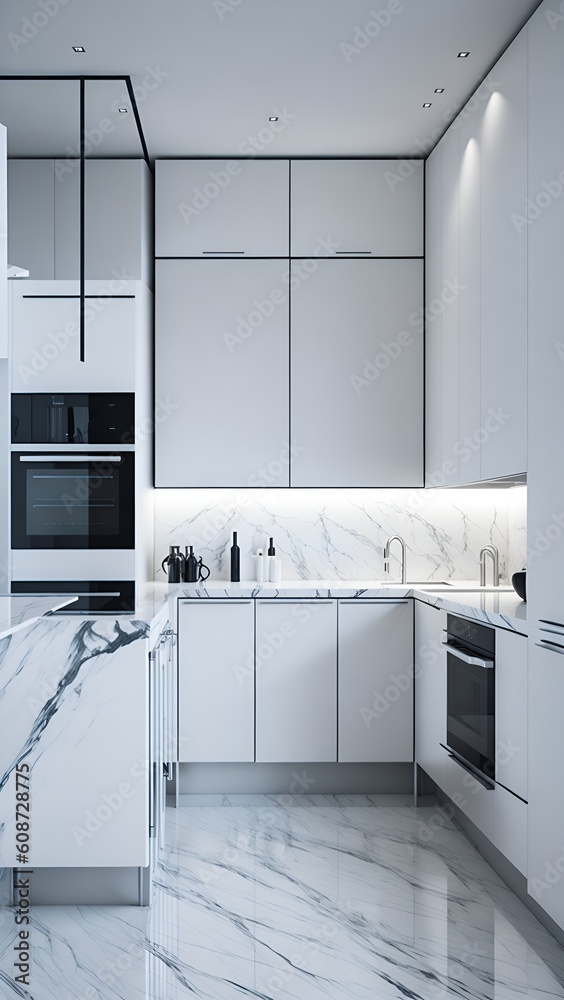 A kitchen with marble counter tops and white cabinets