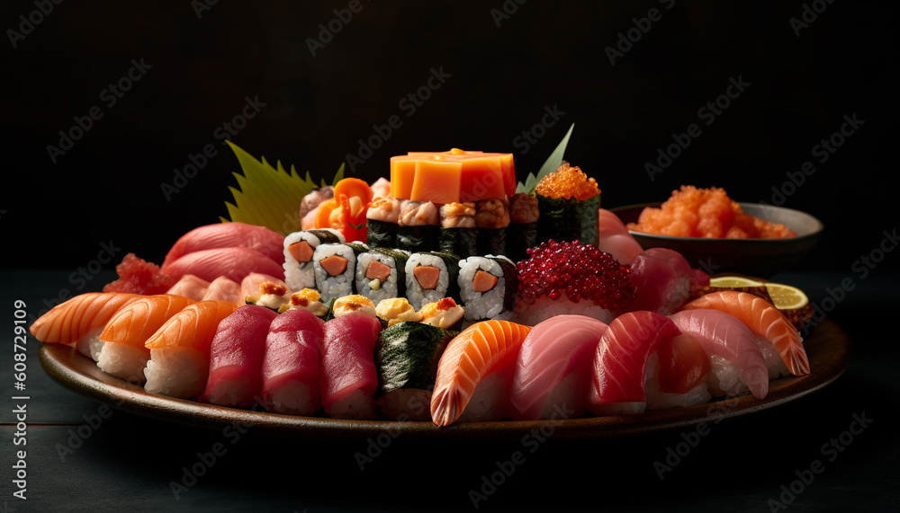 Fresh seafood plate with sashimi, nigiri, and maki sushi generated by AI