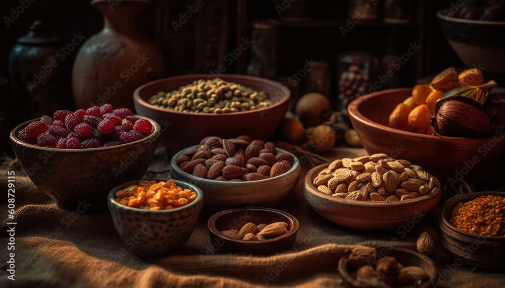 A rustic bowl of healthy, organic nuts and fruit variety generated by AI