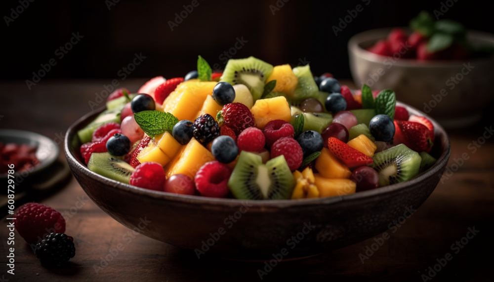 A gourmet fruit salad with blueberry, raspberry, and blackberry variations generated by AI