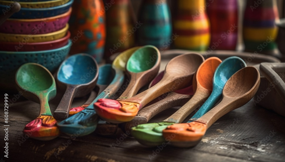 A rustic wooden bowl with multi colored pottery crockery collection generated by AI