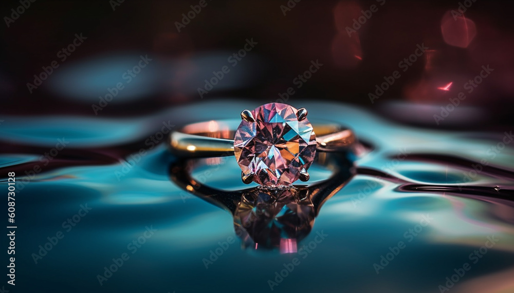 A glowing, multi colored gemstone wedding ring symbolizes love and elegance generated by AI