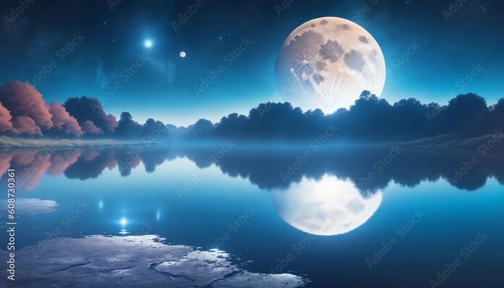 Mystic Foggy River Water Surreal Space Landscape. Surreal landscape of the bright full moon reflecti