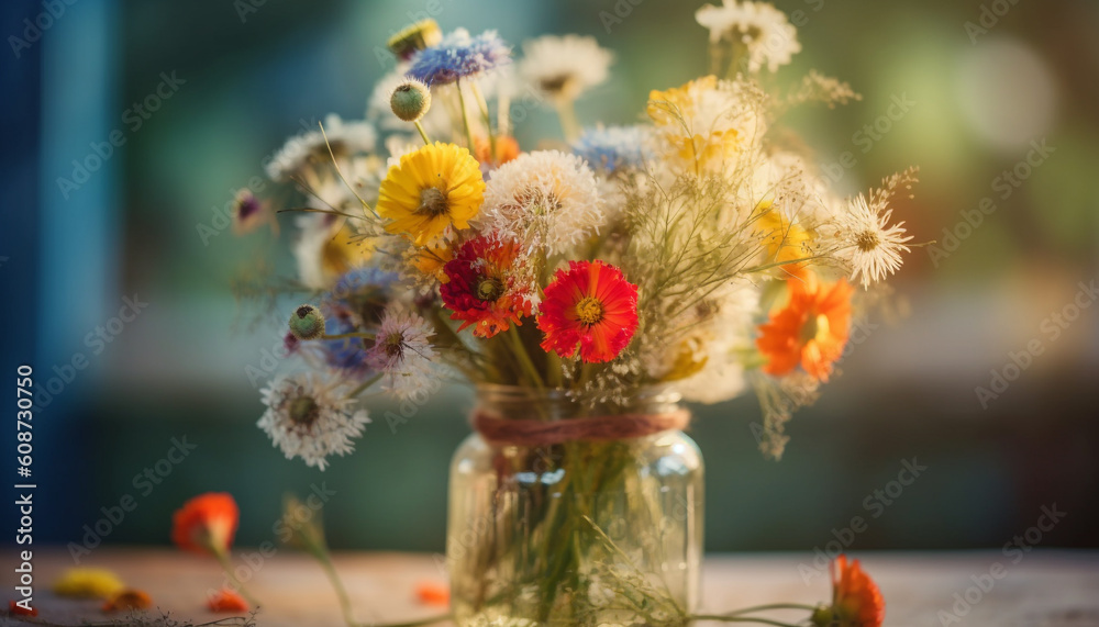 Fresh wildflower bouquet in rustic vase brings summer romance outdoors generated by AI