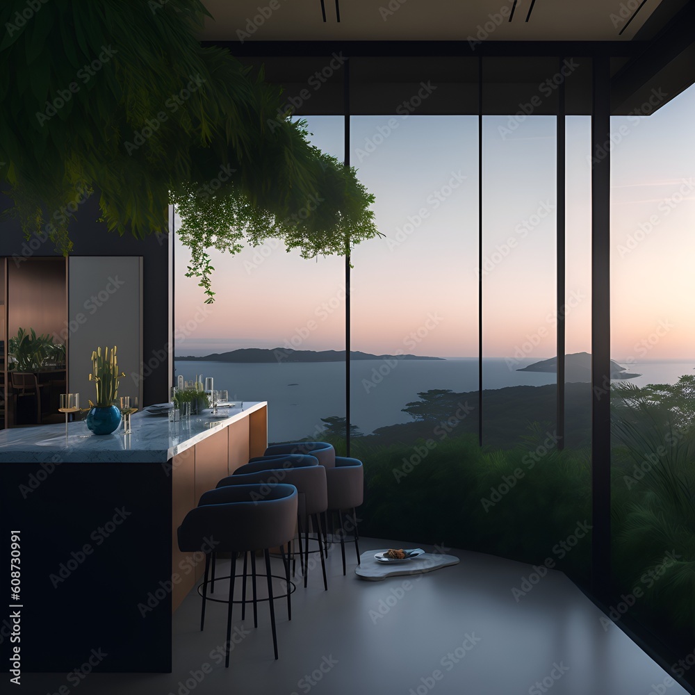 A modern kitchen with a view of the ocean