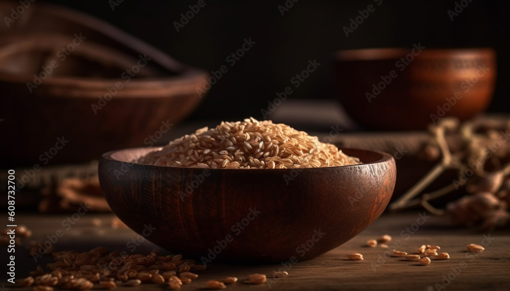 Organic wholegrain basmati rice, a healthy vegetarian meal on rustic table generated by AI