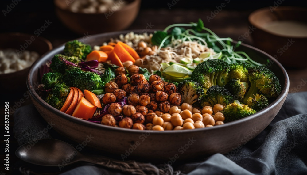 A gourmet vegetarian bowl with fresh organic ingredients and quinoa generated by AI