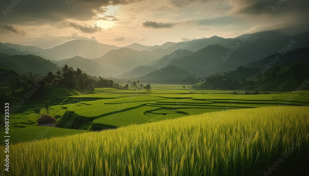 Harvesting rice in tranquil Sa Pa, a beauty in nature generated by AI