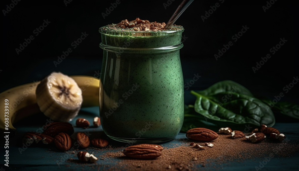 A gourmet chocolate milkshake with almond cream and cacao fruit generated by AI