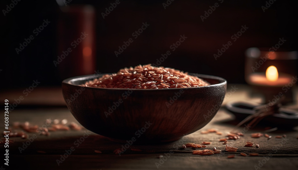 Organic basmati rice bowl with wholegrain cereal plant and spices generated by AI