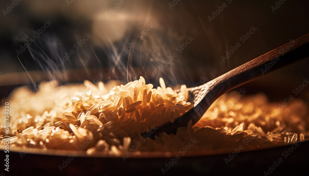 Healthy vegetarian meal with organic basmati rice and fiery spice generated by AI