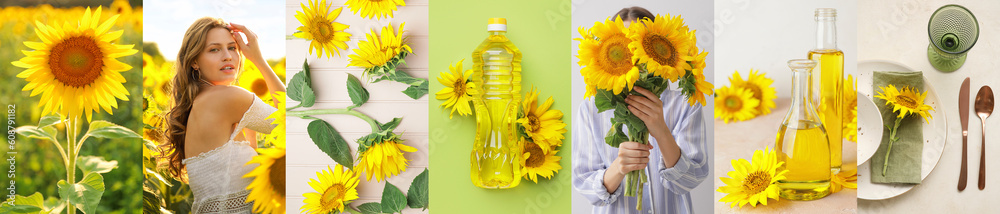 Collage of young woman in sunflower field, with tasty oil and stylish table setting