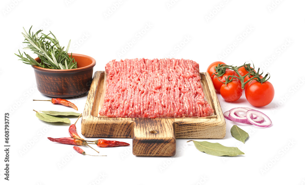 Board with fresh minced meat, tomatoes, chili peppers and rosemary isolated on white background