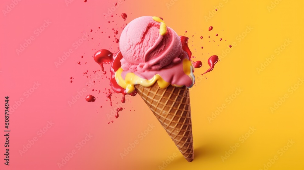 Pink and Yellow Ice Cream. Illustration Generative AI.