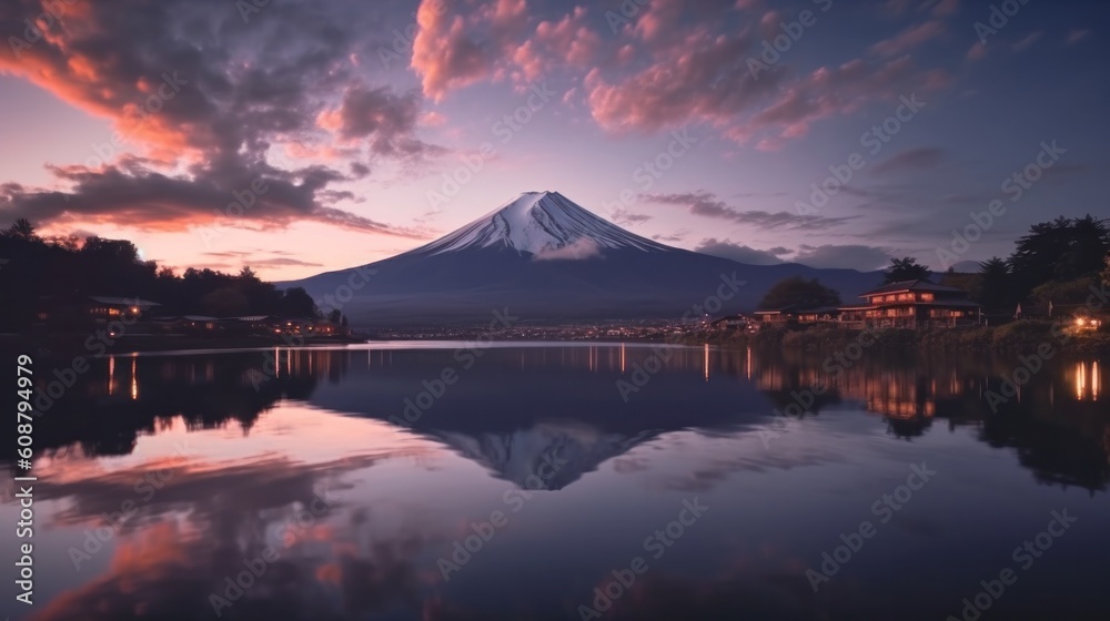 Landscape of mountain Fuji or Fujisan with reflection on Shoji lake Illustration AI Generative.