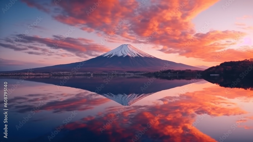 Landscape of mountain Fuji or Fujisan with reflection on Shoji lake Illustration AI Generative.