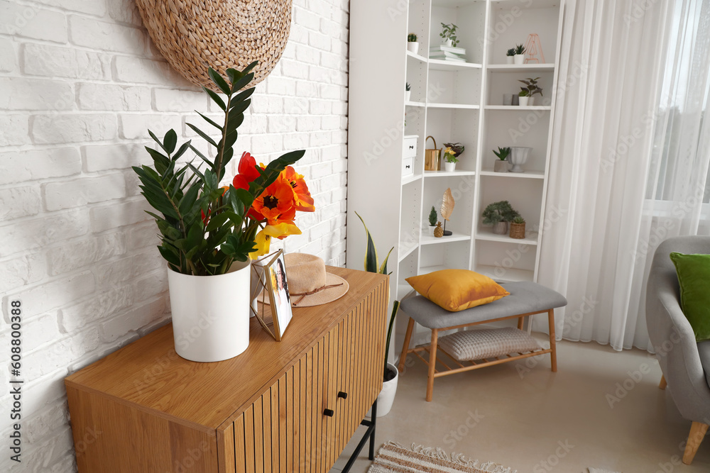 Vase with beautiful tulip flowers and houseplant on wooden cabinet in interior of living room